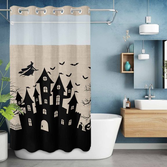 No Hook Shower Curtain with Snap in Liner, Halloween Haunted Castle Witch Riding Broom Bat Waterproof Bathroom Curtain Mesh Top Window, Dead Trees Black Shadow Shower Curtains 36x72in