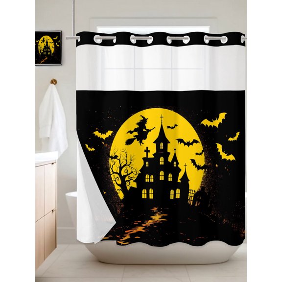 No Hook Shower Curtain with Snap in Liner, Halloween Scary Castle Bat Witch Waterproof Bath Curtain Double Layers with See Through Top Window, Full Moon Yellow Black Hotel Shower Curtains 72x72in