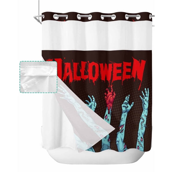 No Hook Shower Curtain with Snap in Liner, Halloween Terror Bloody Rotten Hand Hotel Shower Curtains for Bathroom, Washable Shower Curtain Liner Set with Mesh Top Window, 72"x72"