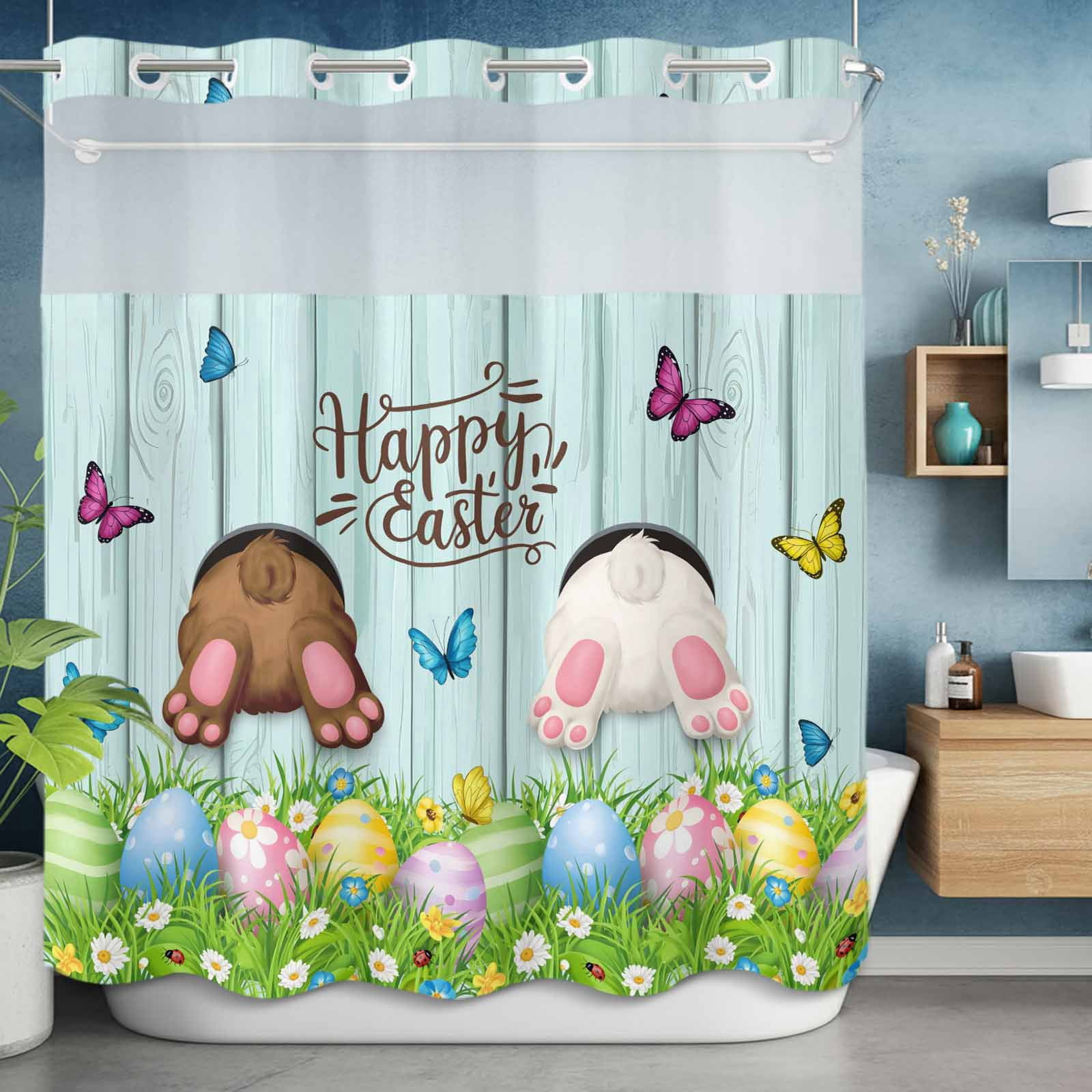 No Hook Shower Curtain with Snap in Liner, Happy Easter Bunny Butt Egg