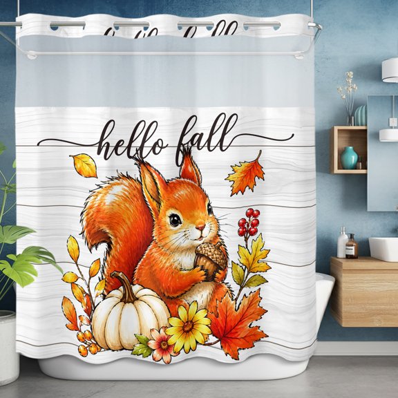 No Hook Shower Curtain with Snap in Liner, Happy Fall Red Squirrel Waterproof Bathroom Curtain Mesh Top Window, Retro Wood Board Background Shower Curtains 72x72in