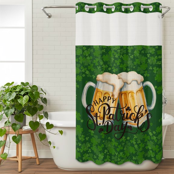 No Hook Shower Curtain with Snap in Liner, Happy St. Patrick's Day Beer with Clovers Curtain Set See-Through Top Double Layers Celtic Knots Green Leaves Shower Curtains for Bathroom Decor, 36x72in