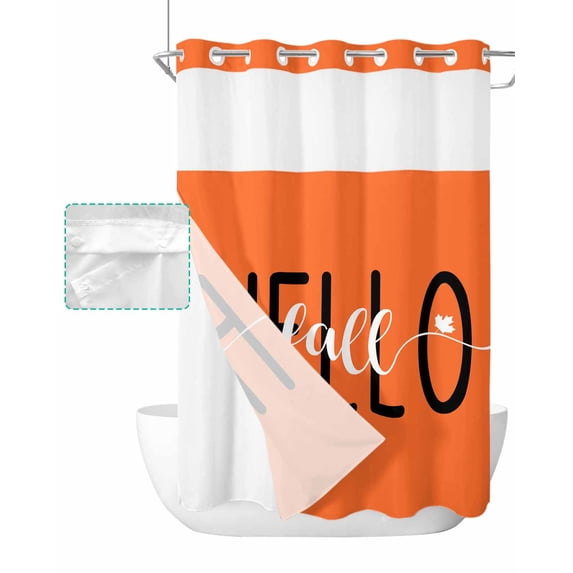 No Hook Shower Curtain with Snap in Liner, Hello Fall Orange Background Hotel Shower Curtains for Bathroom, Washable Shower Curtain Liner Set with Mesh Top Window, 48"x72"
