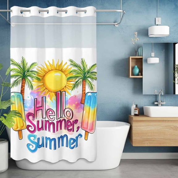 No Hook Shower Curtain with Snap in Liner, Hello Summer Text Sun Palm Tree Waterproof Bath Curtain Double Layers with See Through Top Window, Colorful Ocean Seaside Theme Shower Curtains 36x72in