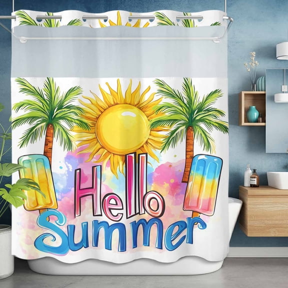 No Hook Shower Curtain with Snap in Liner, Hello Summer Text Sun Palm Tree Waterproof Fabric Bathroom Curtain Mesh Top Window, Colorful Ocean Seaside Theme Shower Curtains 72x78in