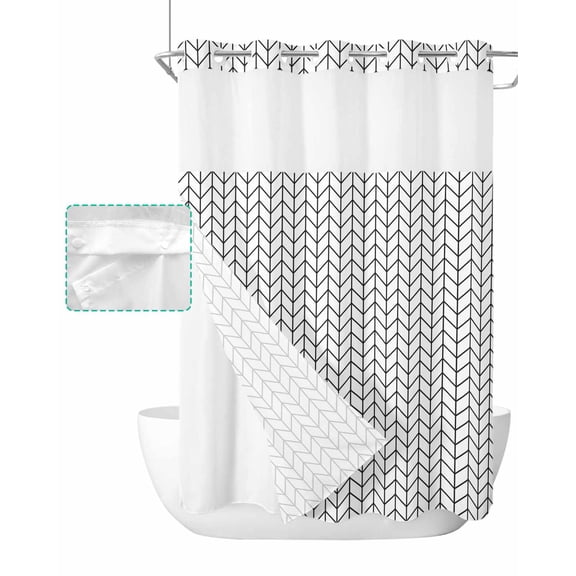No Hook Shower Curtain with Snap in Liner, Herringbone Abstract Art of Black Geometric Lines Hotel Shower Curtains for Bathroom, Washable Shower Curtain Liner Set with Mesh Top Window, 72"x84"