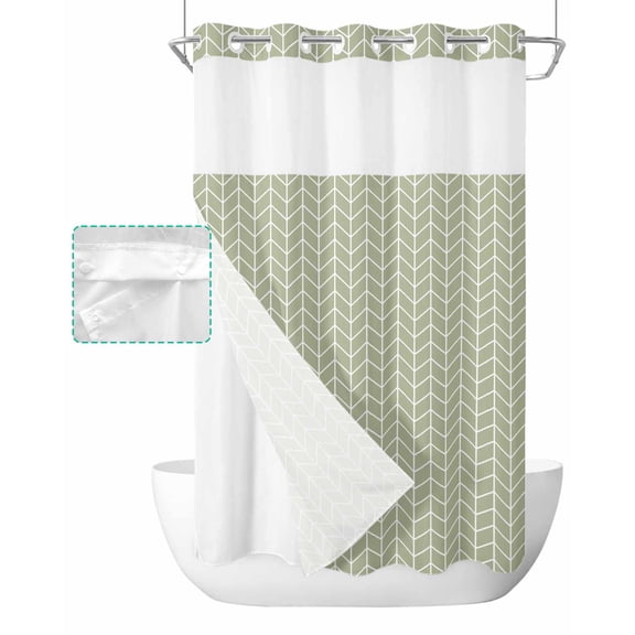No Hook Shower Curtain with Snap in Liner, Herringbone Abstract Art of Green Geometric Lines Hotel Shower Curtains for Bathroom, Washable Shower Curtain Liner Set with Mesh Top Window, 36"x72"