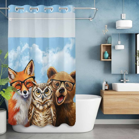 No Hook Shower Curtain with Snap in Liner, Hipster Fox Owl Waterproof Fabric Bathroom Curtain Mesh Top Window, Bear with Glasses Abstract Animal Art Shower Curtains 36x72in