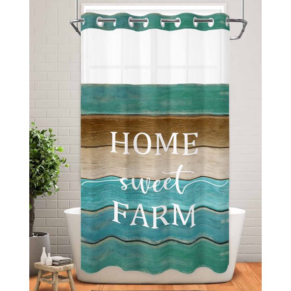 No Hook Shower Curtain with Snap in Liner,Home Farm Wood Board Waterproof Bath Curtain Double Layers with See Through Top Window,Teal Brown Gradient Wooden Hotel Shower Curtains 36x72in