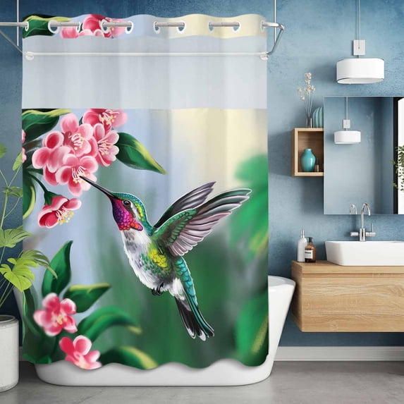 No Hook Shower Curtain with Snap in Liner, Hummingbird Flower Watercolor Waterproof Bath Curtain Double Layers with See Through Top Window, Green Leaves Watercolor Gradient Shower Curtains 60x72in