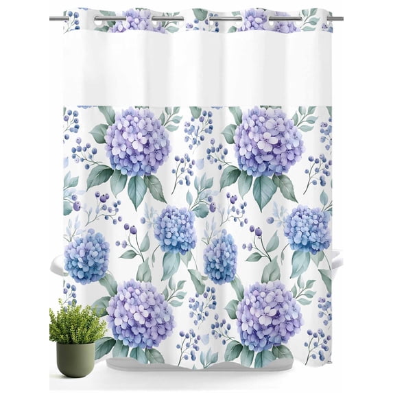 No Hook Shower Curtain with Snap in Liner,Hydrangea Flower Eucalyptus Leaf Waterproof Bath Curtain Double Layers with See Through Top Window,Blue Floral Watercolor Hotel Shower Curtains 72x72in