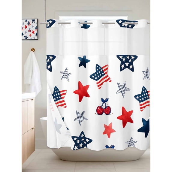 No Hook Shower Curtain with Snap in Liner, Independence Day Blue Red Star Waterproof Bath Curtain Double Layers with See Through Top Window, Abstract Stars Cherry Hotel Shower Curtains 72x72in