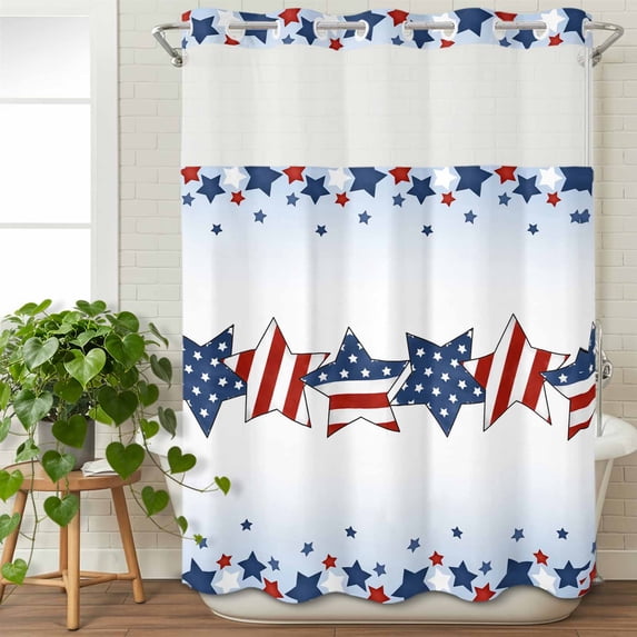 No Hook Shower Curtain with Snap in Liner, Independence Day Pentagram Red Stripe Star Seamless Waterproof Bath Curtain Double Layers with See Through Top Window, Blue Gradient Shower Curtains 48x72in
