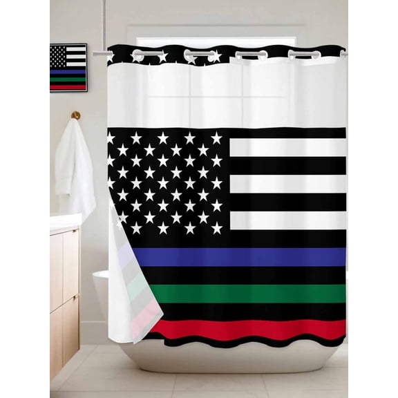 No Hook Shower Curtain with Snap in Liner, Independence Day USA Flag Red Thin Blue Green Line Waterproof Bath Curtain See Through Top Window, Police Firefighter Military Flags Shower Curtains 72x72in