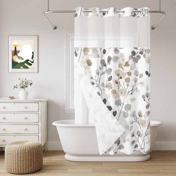 No Hook Shower Curtain with Snap in Liner, Ink Wash Style Leaves Curtain Set See-Through Top Double Layers Rural Style Farmhouse Leaves Shower Curtains for Bathroom Decor, 36x72in