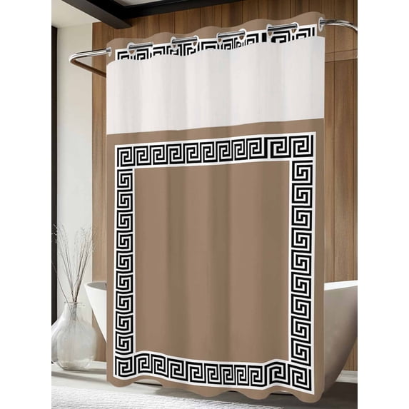 No Hook Shower Curtain with Snap in Liner, Inspired Key Texture on Brown Waterproof Fabric Bathroom Curtain Mesh Top Window, Greece Geometric Twist Lines Shower Curtains 60x72in