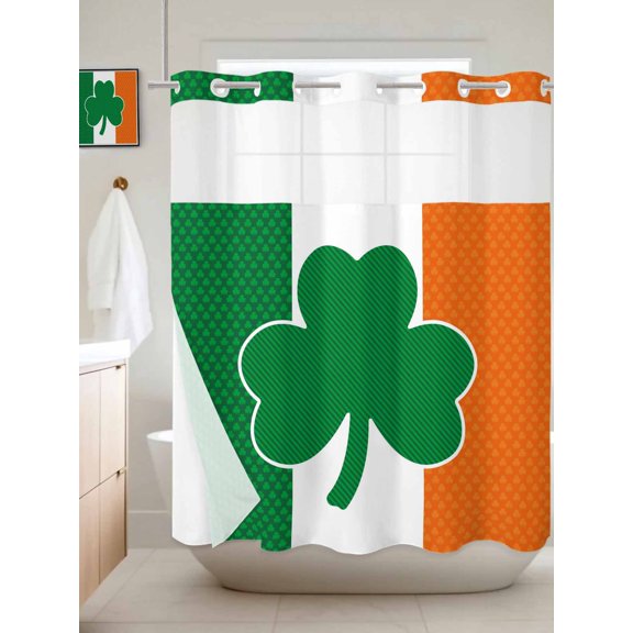No Hook Shower Curtain with Snap in Liner, Irish Flag St. Patrick's Clovers Waterproof Bath Curtain Double Layers with See Through Top Window, Lucky Green Leaves Hotel Shower Curtains 72x72in