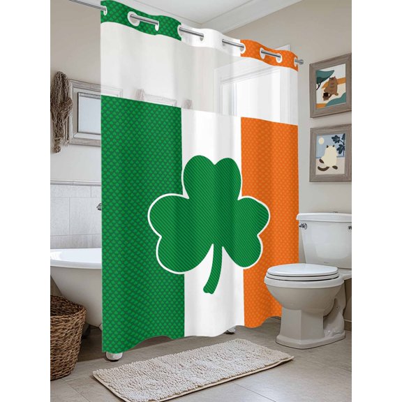 No Hook Shower Curtain with Snap in Liner, Irish Flag St. Patrick's Clovers Waterproof Bath Curtain Double Layers with See Through Top Window, Lucky Green Leaves Hotel Shower Curtains 72x84in