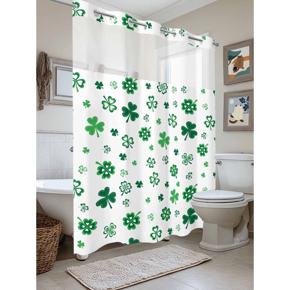 No Hook Shower Curtain with Snap in Liner, Irish St. Patrick's Day Green Clovers Waterproof Bath Curtain Double Layers with See Through Top Window, Lucky Leaf Hotel Shower Curtains 72x84in
