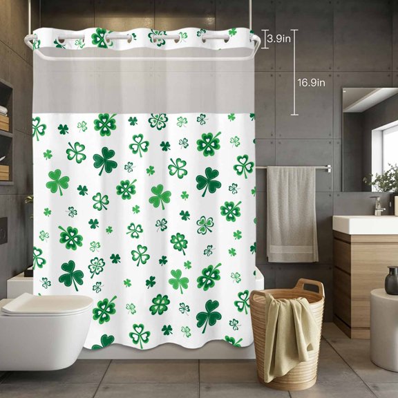 No Hook Shower Curtain with Snap in Liner, Irish St. Patrick's Day Green Clovers Waterproof Fabric Bathroom Curtain Mesh Top Window, Lucky Leaf Shower Curtains 72x84in