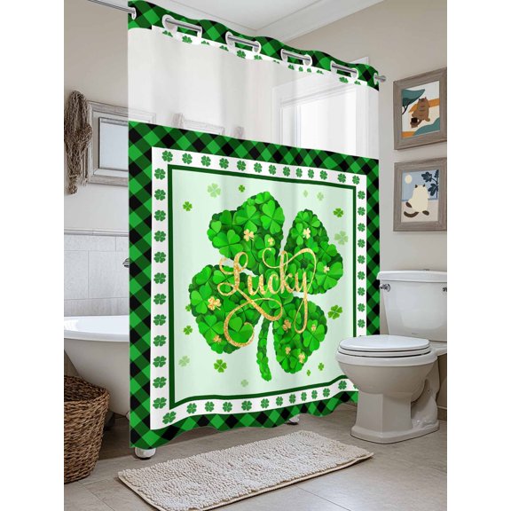 No Hook Shower Curtain with Snap in Liner, Irish St. Patrick's Day Lucky Leaf Waterproof Bath Curtain Double Layers with See Through Top Window, Green Black Lattice Hotel Shower Curtains 72x84in