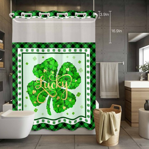 No Hook Shower Curtain with Snap in Liner, Irish St. Patrick's Day Lucky Leaf Waterproof Fabric Bathroom Curtain Mesh Top Window, Green Black Lattice Shower Curtains 72x84in