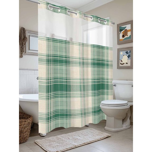 No Hook Shower Curtain with Snap in Liner, Irish St. Patrick's Day on Vintage Linen Waterproof Bath Curtain Double Layers with See Through Top Window, Green Plaid Hotel Shower Curtains 72x84in