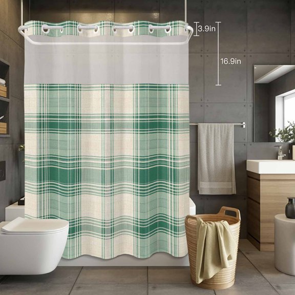No Hook Shower Curtain with Snap in Liner, Irish St. Patrick's Day on Vintage Linen Waterproof Fabric Bathroom Curtain Mesh Top Window, Green Plaid Shower Curtains 72x84in