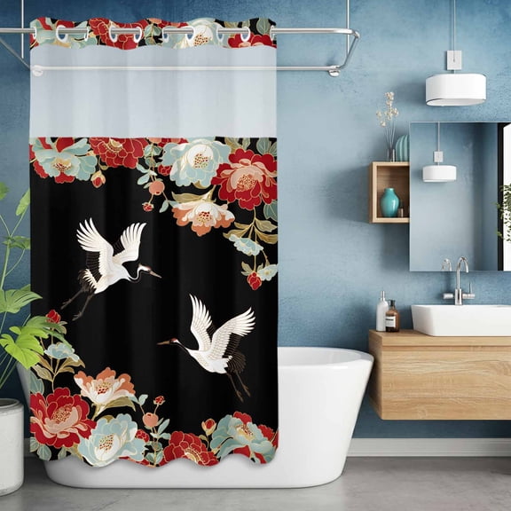 No Hook Shower Curtain with Snap in Liner, Japanese Cranes Peony Waterproof Fabric Bathroom Curtain Mesh Top Window, Country Animal Plants Shower Curtains 36x72in