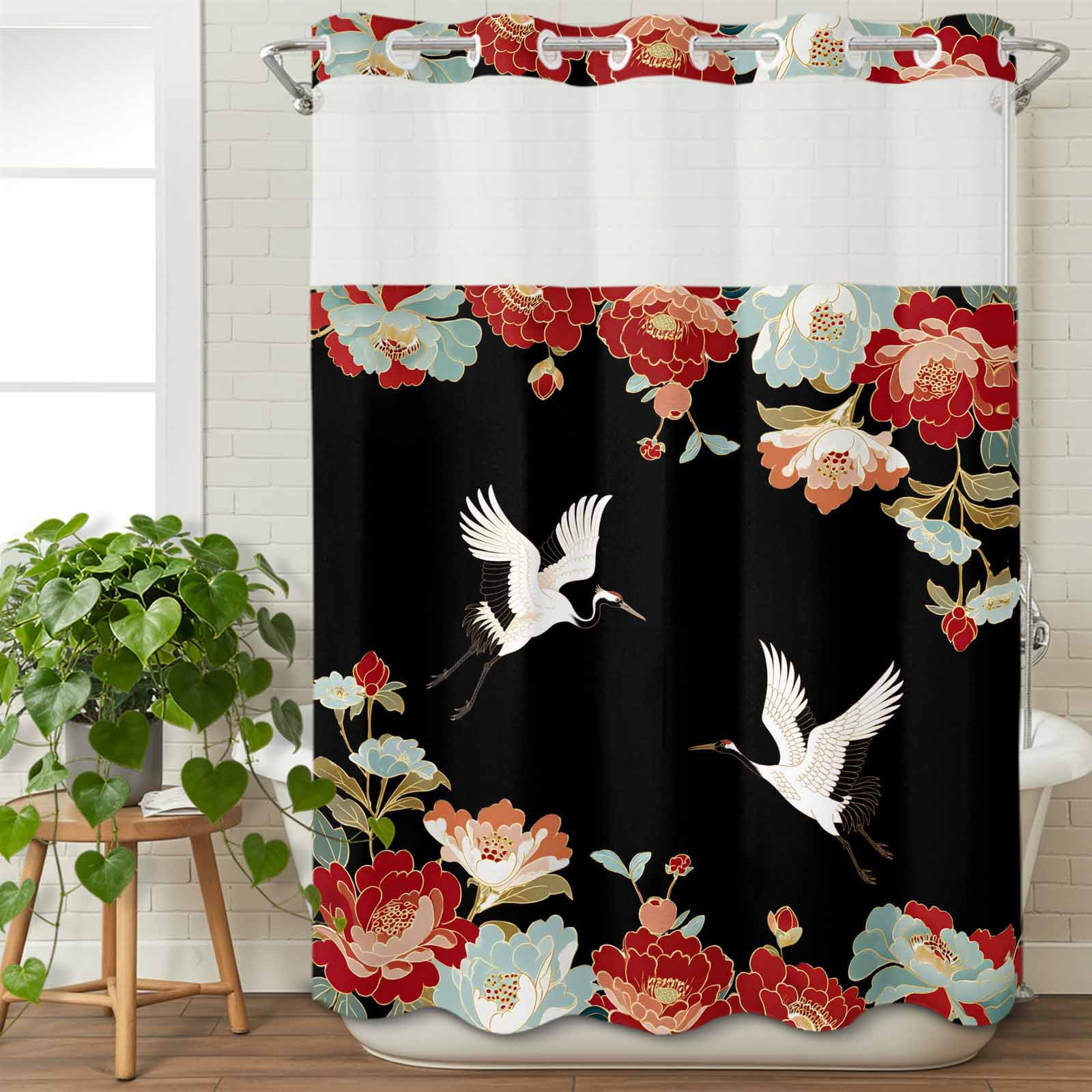 No Hook Shower Curtain with Snap in Liner, Japanese Cranes Peony Waterproof Fabric Bathroom Curtain Mesh Top Window, Country Animal Plants Shower Curtains 48x72in