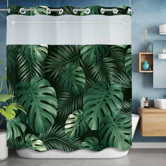 No Hook Shower Curtain with Snap in Liner, Jungle Rainforest Botanical Leaves Waterproof Fabric Bathroom Curtain Mesh Top Window, Green Foliage on Black Shower Curtains 72x78in