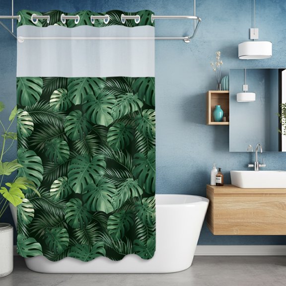 No Hook Shower Curtain with Snap in Liner, Jungle Rainforest Botanical Leaves Waterproof Fabric Bathroom Curtain Mesh Top Window, Green Foliage on Black Shower Curtains 36x72in