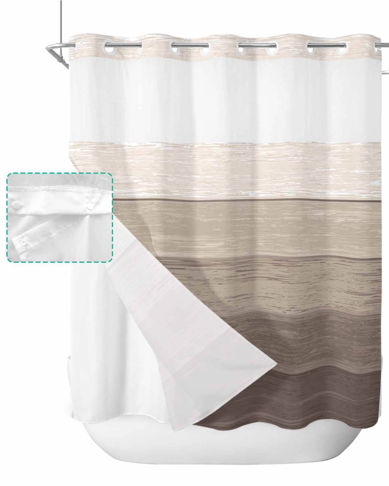 No Hook Shower Curtain with Snap in Liner, Khaki Striped Gradient Rustic Wood Board Hotel Shower Curtains for Bathroom, Washable Shower Curtain Liner Set with Mesh Top Window, 72"x72"