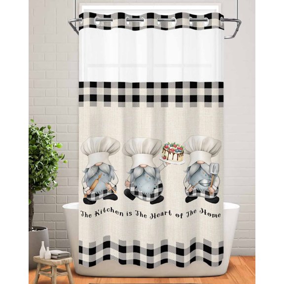 No Hook Shower Curtain with Snap in Liner,Kitchen Chef Dwarf Cake Waterproof Bath Curtain Double Layers with See Through Top Window,Black White Plaid Retro Linen Hotel Shower Curtains 36x72in