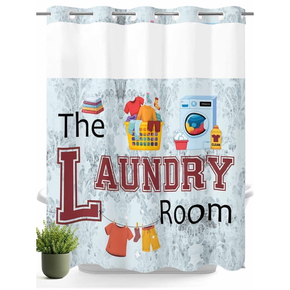 No Hook Shower Curtain with Snap in Liner,Laundry Room Clothes Washing Machine Waterproof Bath Curtain Double Layers with See Through Top Window,Retro Flower Totem Hotel Shower Curtains 72x72in