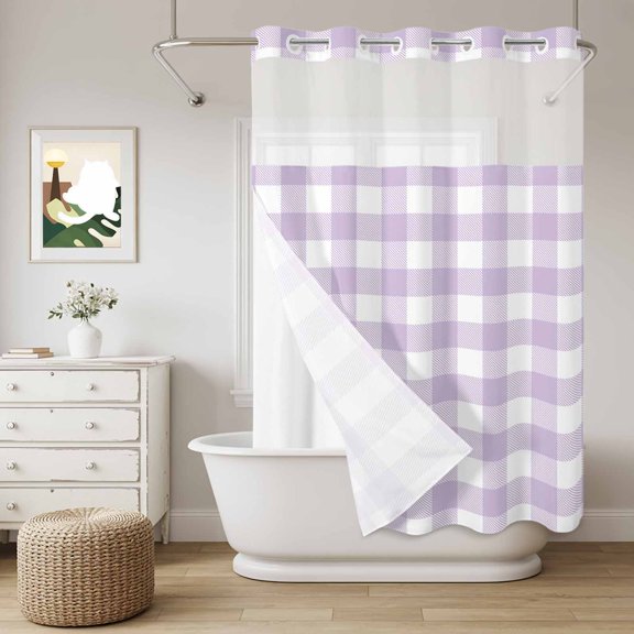 No Hook Shower Curtain with Snap in Liner, Lavender Purple Grid Curtain Set See-Through Top Double Layers Farm Pastoral Theme Shower Curtains for Bathroom Decor, 60x72in