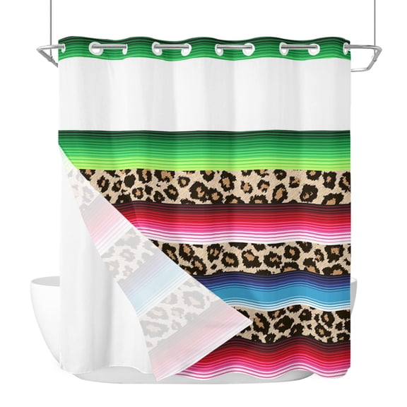 No Hook Shower Curtain with Snap in Liner Leopard Serape Shower Curtain Sets Bohemian Indian Stripe Western Boho Fabric Liner Set See Through Top Waterproof Curtains for Bathroom 72"W x 72"L