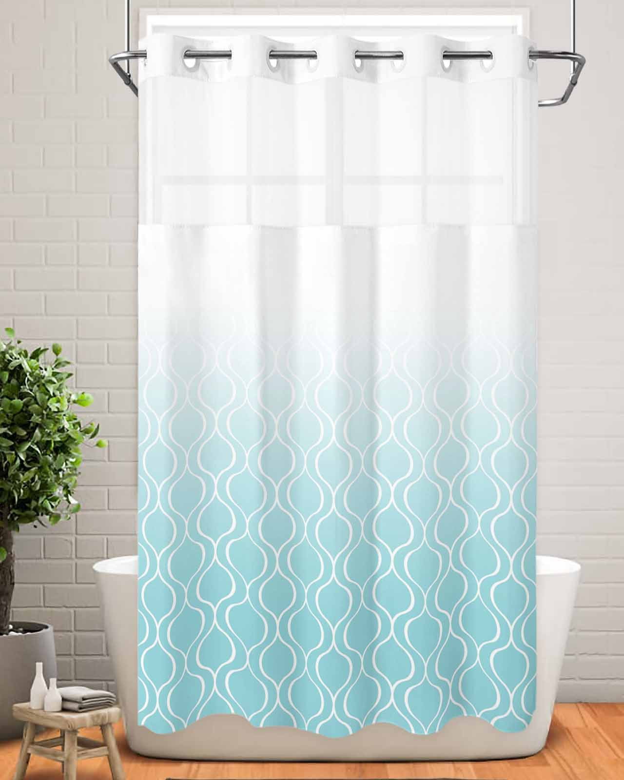 No Hook Shower Curtain with Snap in Liner,Light Blue Gradient Grid