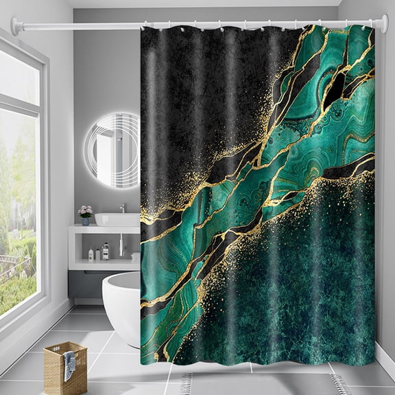 No Hook Shower Curtain with Snap in Liner and Liner Set, Boho Mid Century Green Leaf Shower Curtains for Bathroom Decor 71x74 in, Green