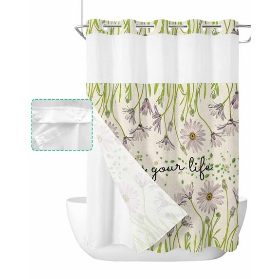 No Hook Shower Curtain with Snap in Liner, Love Your Life Vintage Flowers Purple Floral Hotel Shower Curtains for Bathroom, Washable Shower Curtain Liner Set with Mesh Top Window, 48"x72"