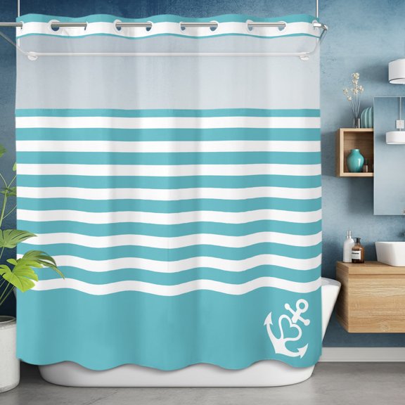 No Hook Shower Curtain with Snap in Liner, Love Nautical Anchor on Blue Waterproof Fabric Bathroom Curtain Mesh Top Window, Classic Horizontal Stripes Shower Curtains 72x78in
