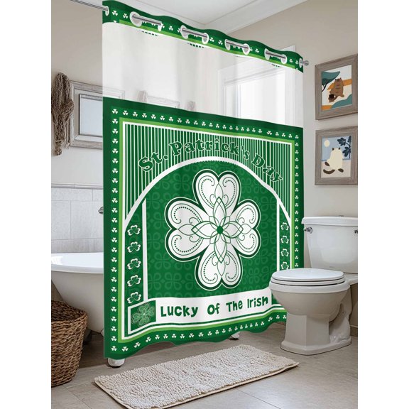 No Hook Shower Curtain with Snap in Liner, Lucky Irish Festival Shamrock Texture Waterproof Bath Curtain Double Layers with See Through Top Window, Happy St. Patrick's Day Shower Curtains 72x84in