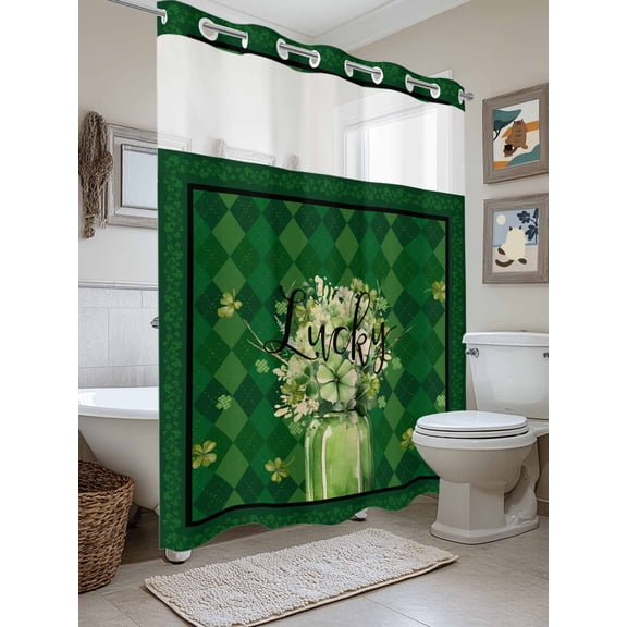 No Hook Shower Curtain with Snap in Liner, Lucky Words on Green Background Waterproof Bath Curtain Double Layers with See Through Top Window, St. Patrick's Day Grass Hotel Shower Curtains 72x84in