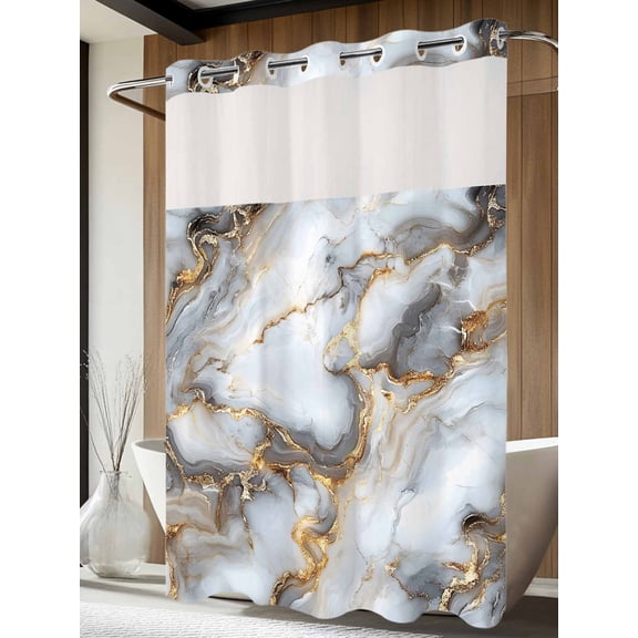 No Hook Shower Curtain with Snap in Liner, Marble Texture Pattern Waterproof Fabric Bathroom Curtain Mesh Top Window, Abstract Gold Striped Shower Curtains 60x72in