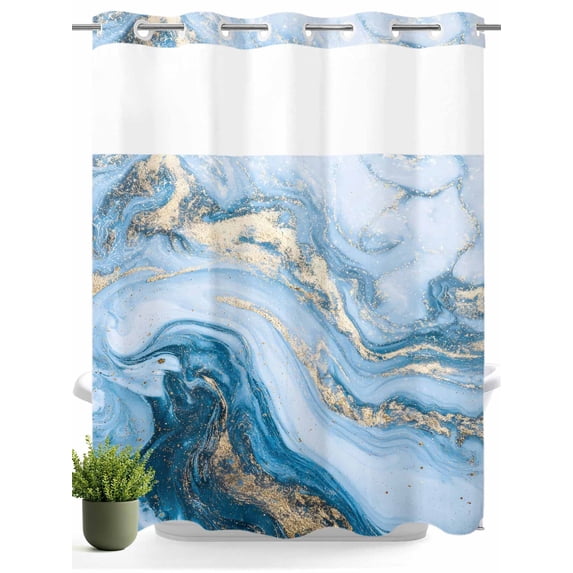 No Hook Shower Curtain with Snap in Liner,Marble Texture Watercolor Blue Waterproof Bath Curtain Double Layers with See Through Top Window,Abstract Fluid Art Seamless Hotel Shower Curtains 72x72in