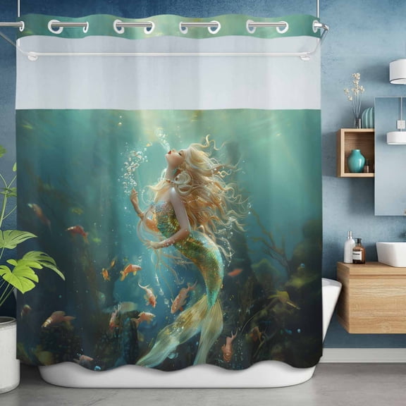 No Hook Shower Curtain with Snap in Liner, Marine Beautiful Mermaid Fish Waterproof Fabric Bathroom Curtain Mesh Top Window, Undersea Ocean Life Seaweed Shower Curtains 72x72in