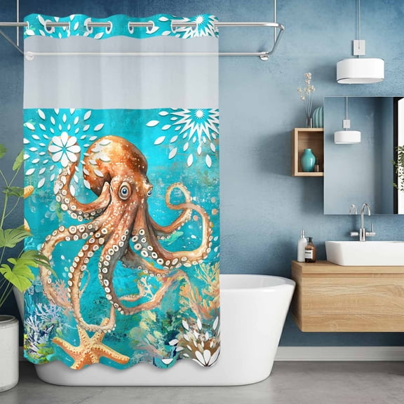 No Hook Shower Curtain with Snap in Liner, Marine Life Octopus on Green Waterproof Fabric Bathroom Curtain Mesh Top Window, Monster Starfish Coral Shower Curtains 36x72in
