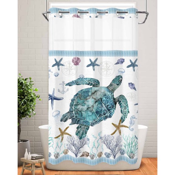 No Hook Shower Curtain with Snap in Liner,Marine Sea Turtle Starfish Shell Waterproof Bath Curtain Double Layers with See Through Top Window,Ocean Coral Seaweed Compass Hotel Shower Curtains 36x72in