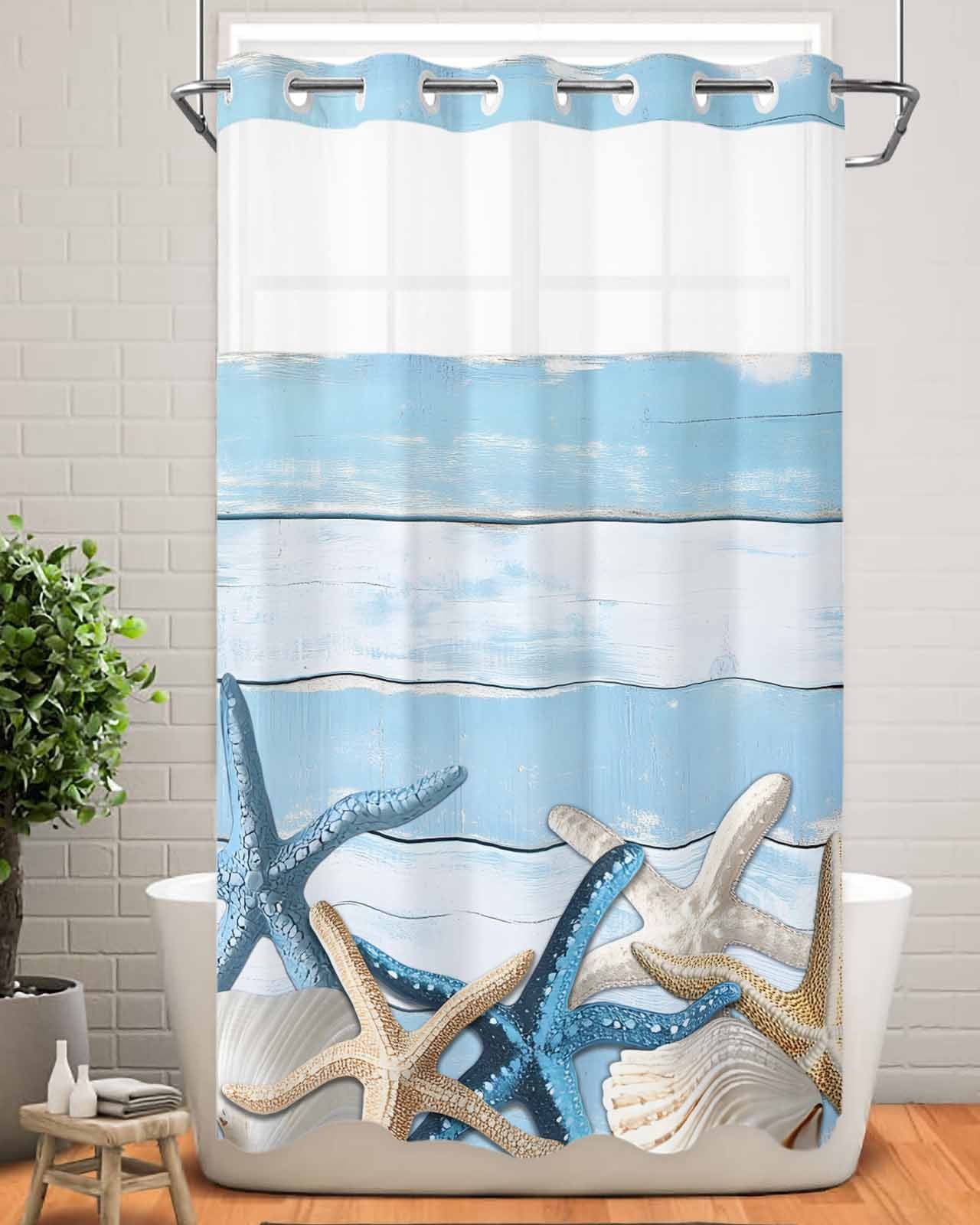 No Hook Shower Curtain with Snap in Liner,Marine Starfish Shell on Wood ...