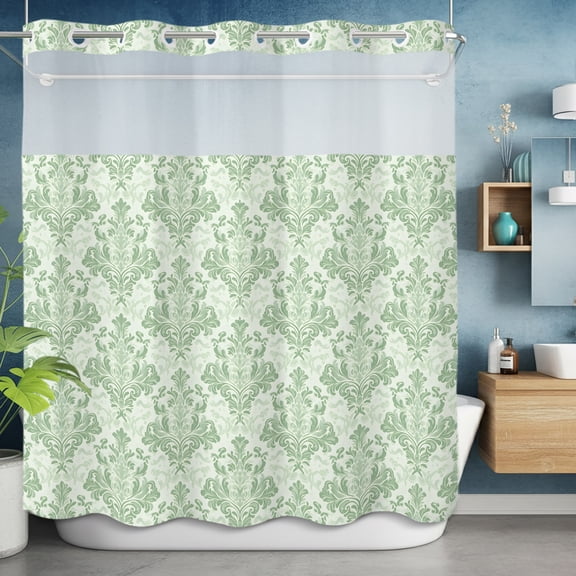 No Hook Shower Curtain with Snap in Liner, Medieval Turkish Pattern Floral Waterproof Fabric Bathroom Curtain Mesh Top Window, Bohemian Pattern Seamless Shower Curtains 72x78in